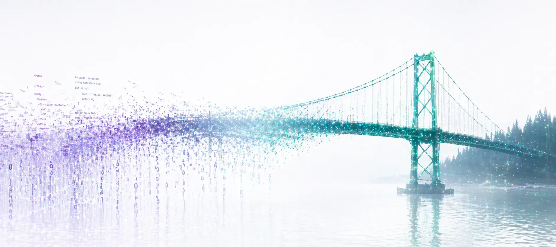 Lions Gate Bridge in Vancouver dissolving into a stream of luminous data particles — symbolizing Most AI Labs bridging local business and AI