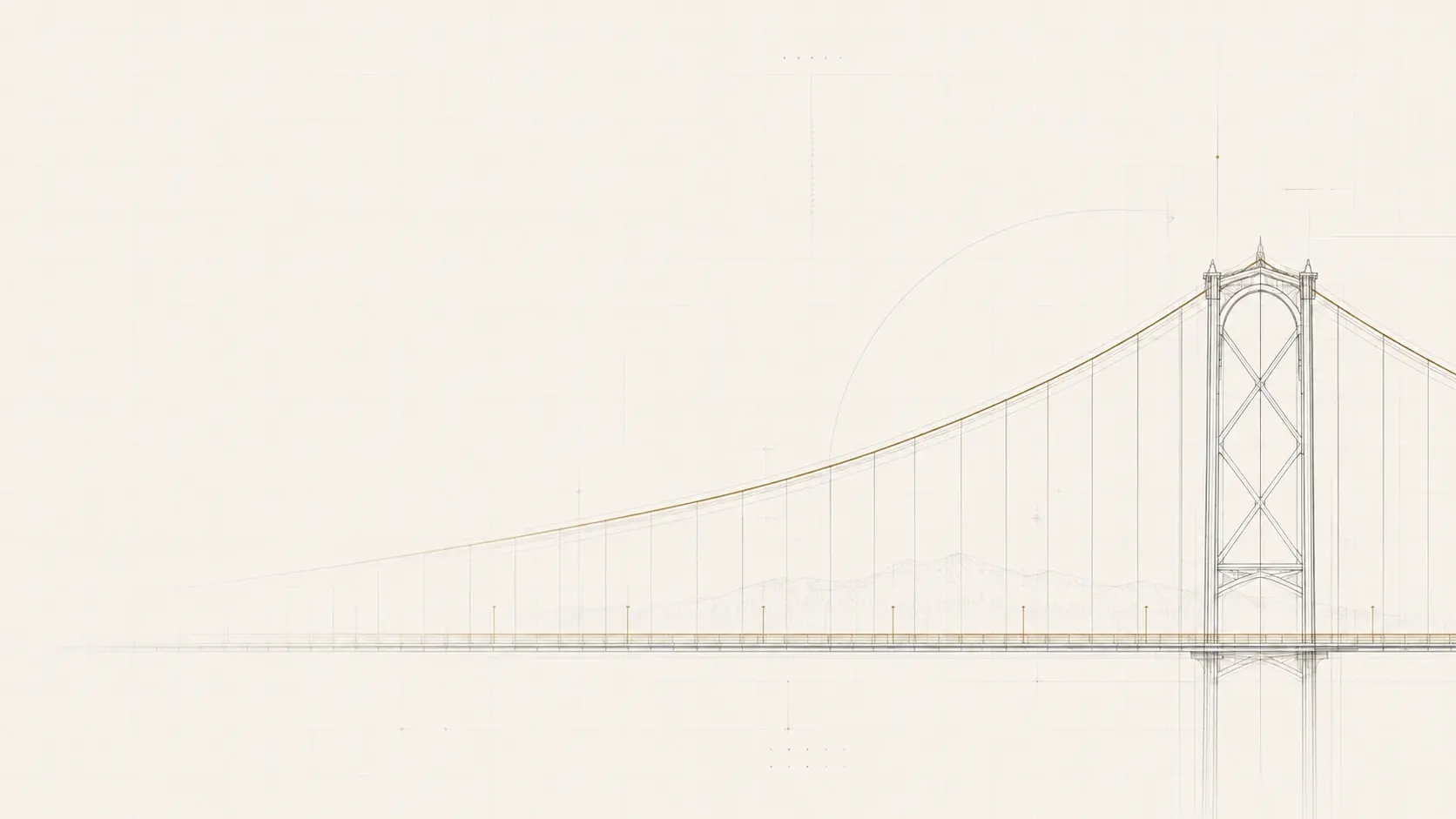 Wide architectural elevation drawing of the Lions Gate Bridge in Vancouver, its main cable, deck and tower picked out in fine brass and graphite lines over a faint drafting grid.