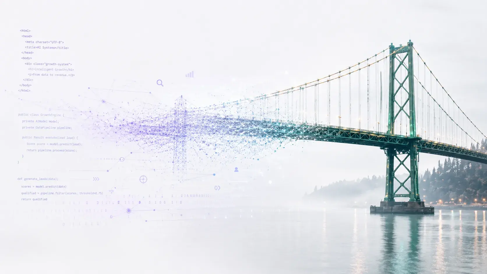 Lions Gate Bridge in Vancouver forming out of code and data particles: the bridge from digital attention to real business revenue