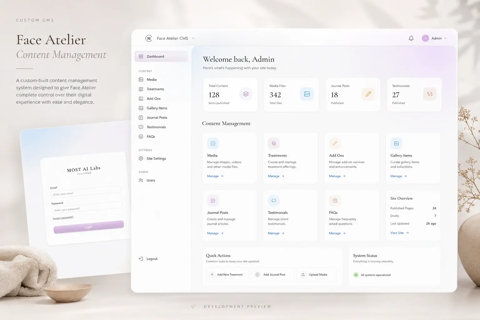 The Face Atelier content management system built by Most AI Labs, managing treatments, media, journal and site settings.