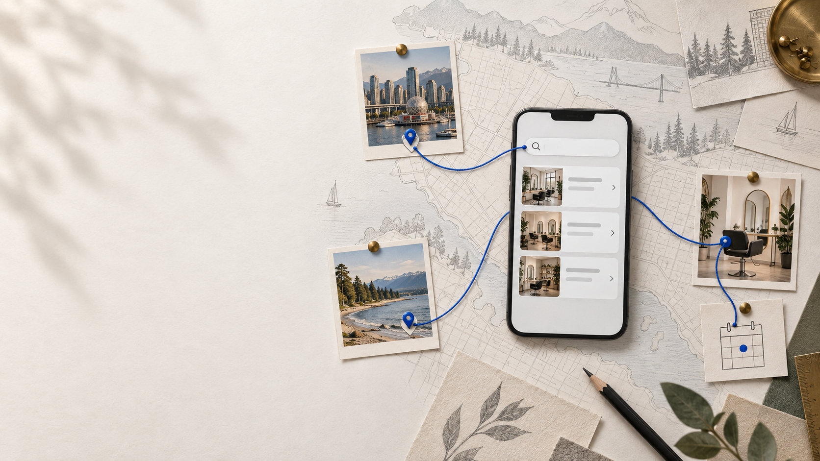 Editorial evidence board showing a Vancouver map, neighbourhood pins, an abstract salon search and a booking path connected by a cobalt thread
