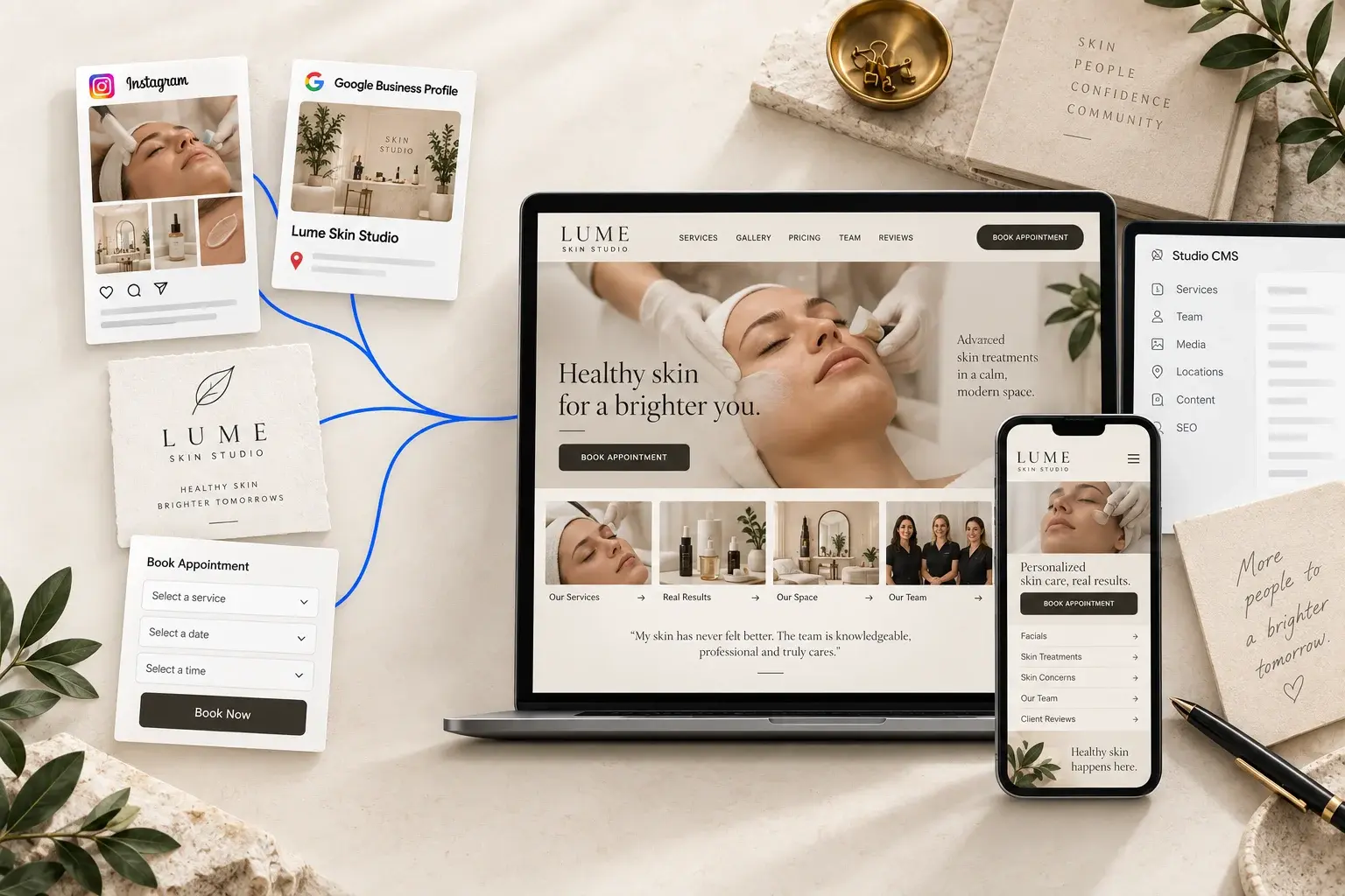 Illustrative beauty studio website, mobile experience and content system
