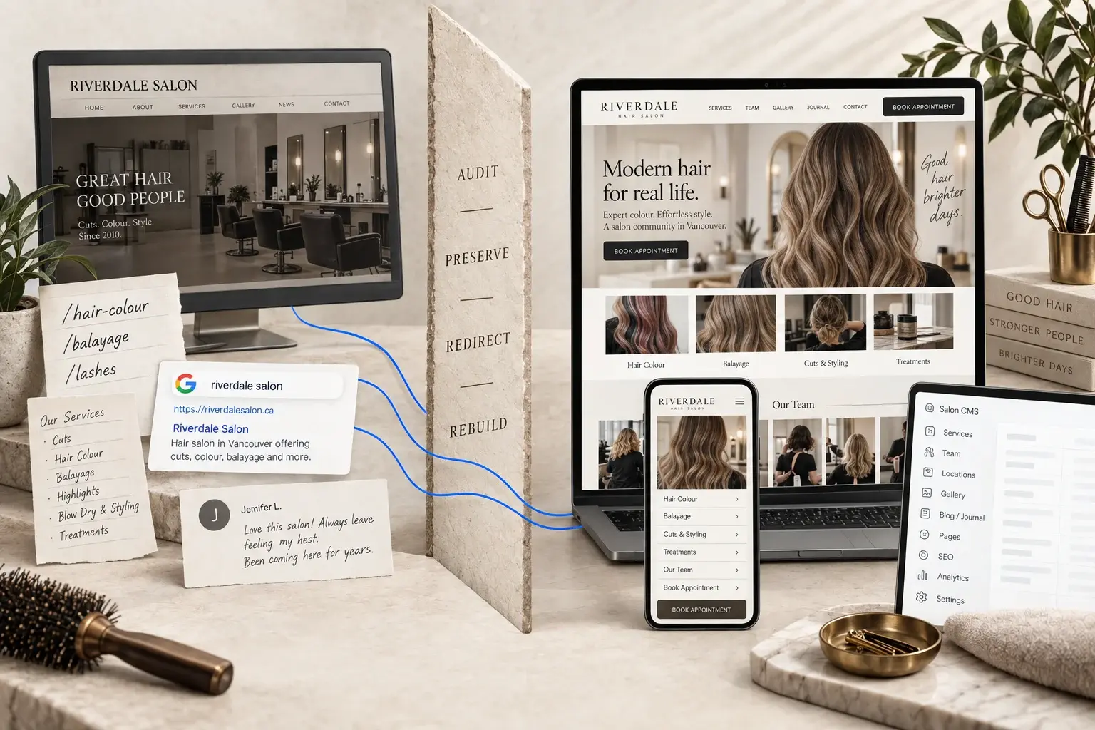 Illustrative established hair salon redevelopment showing an outdated website and valuable service URLs passing through an audit, preservation, redirect and rebuild transition into a modern website, mobile experience and CMS.
