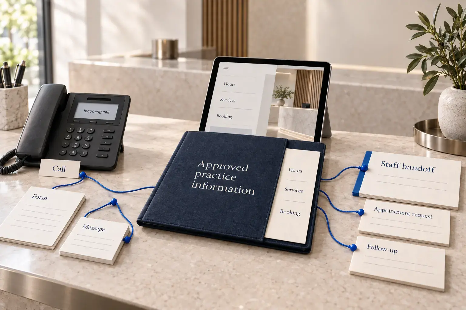 Illustrative dental reception workflow connecting calls, web requests and messages with approved practice information, staff handoff and administrative follow-up.