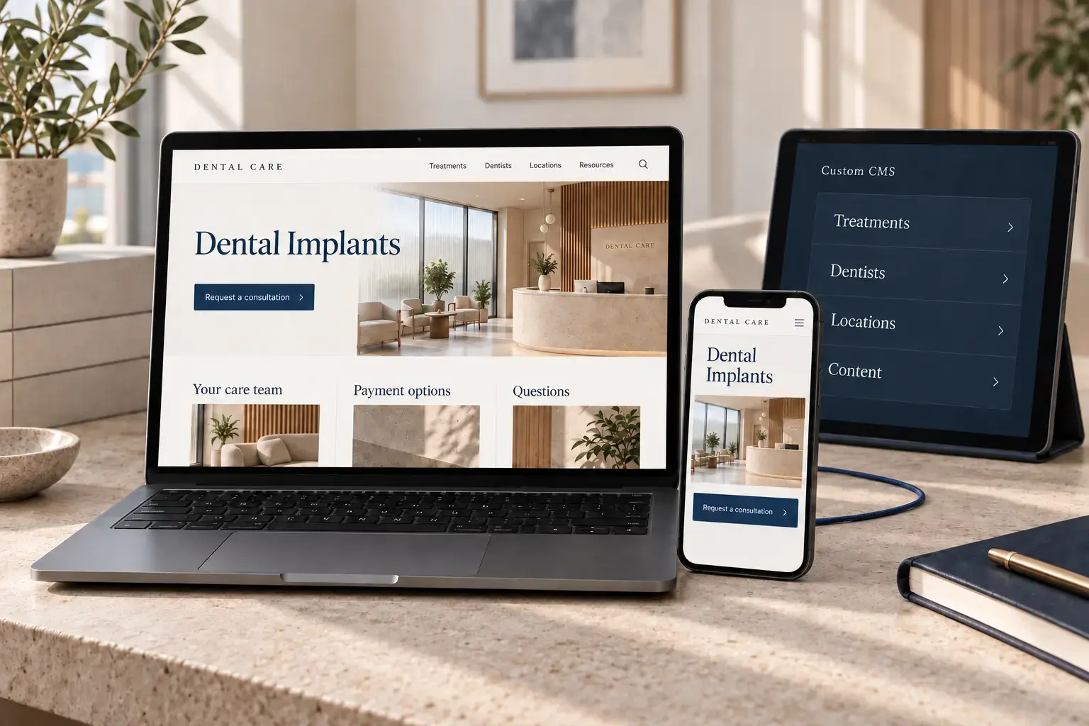 Illustrative dental treatment website, mobile experience and custom content system
