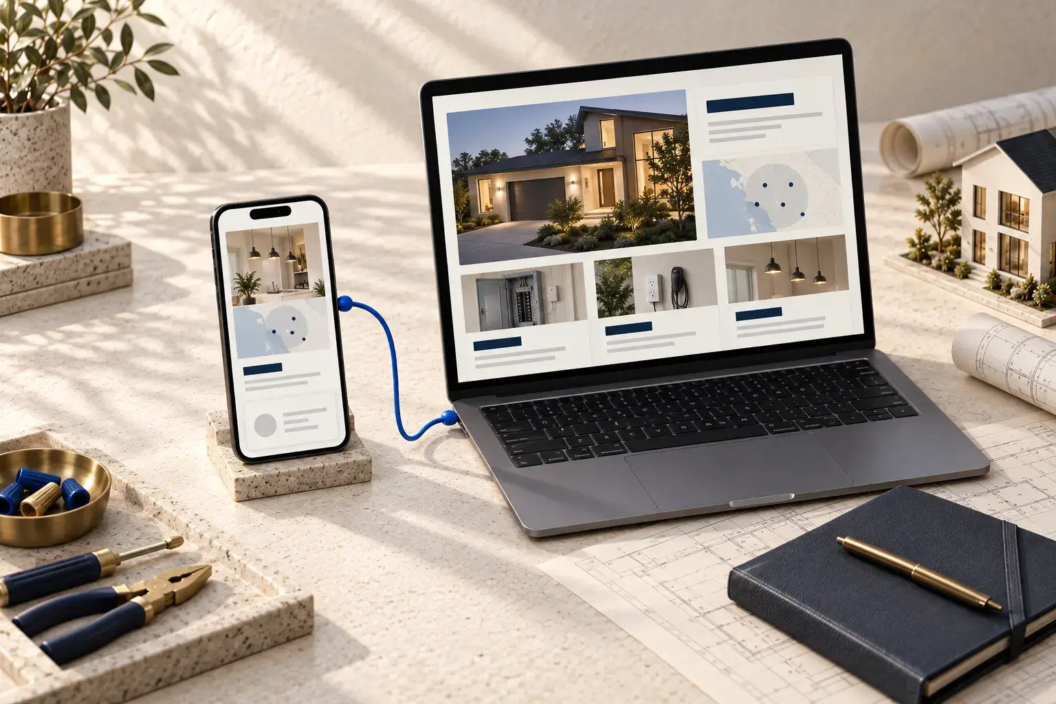 Illustrative electricians website content and company records being maintained through an owner-controlled CMS.
