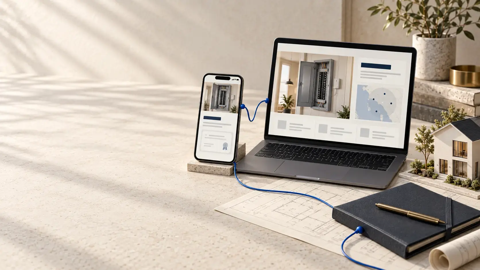 Illustrative electrical service-area and company-credential page on a laptop and phone, not a live ranking map.