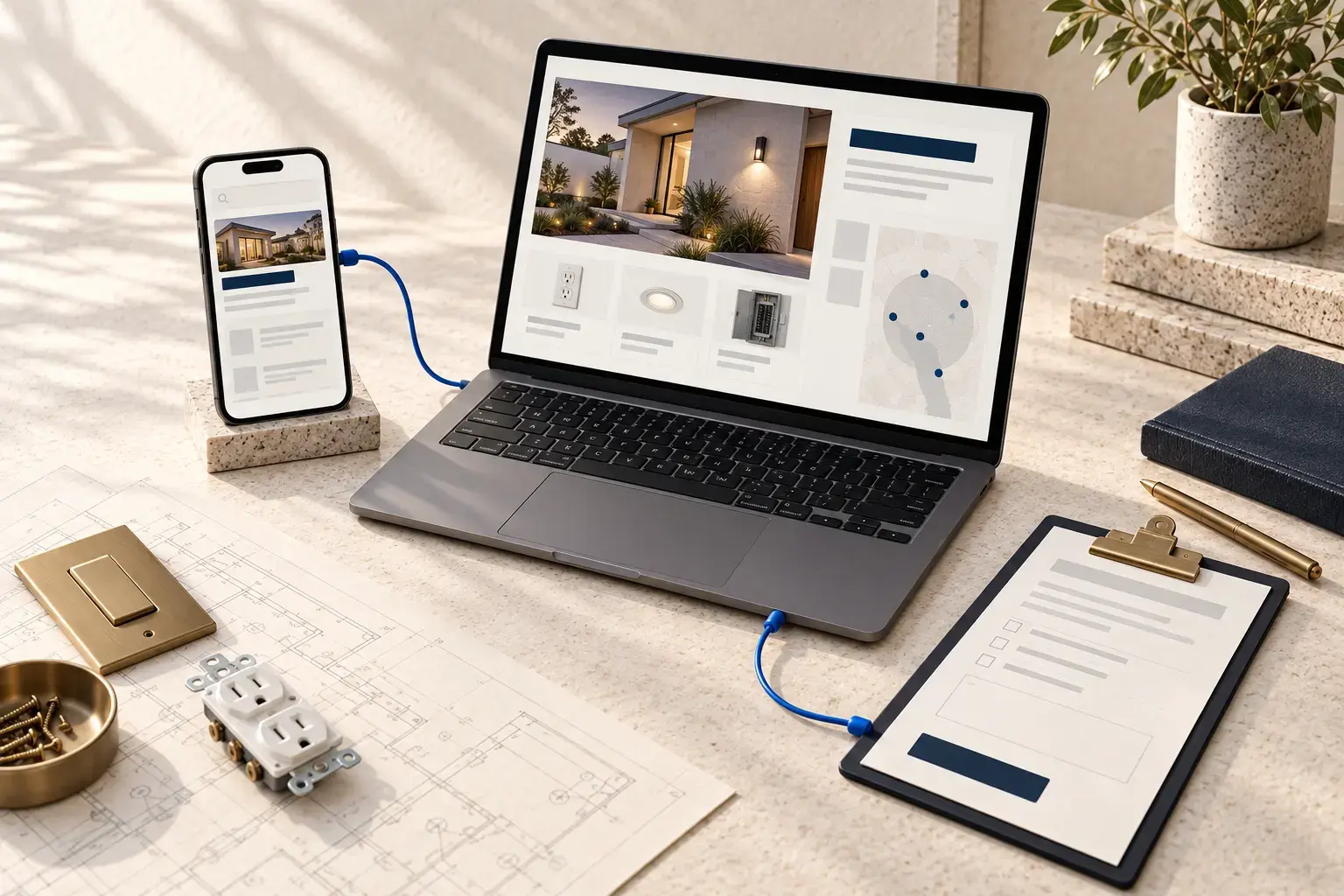 Illustrative electricians sponsored search, relevant service page and enquiry record. No campaign metrics or promised results.