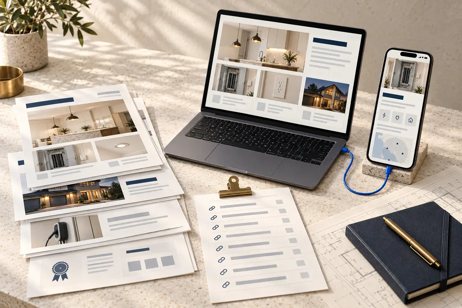 Illustrative electrical contractors website and content workflow: Replace a generic trade site with a precise electrical offer.