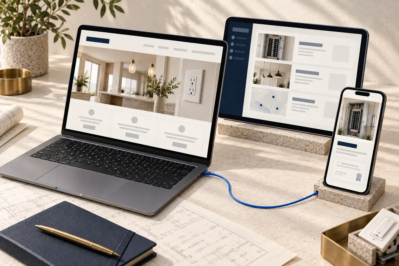 Illustrative electricians service website, responsive phone and an editable content system with no real customer data.