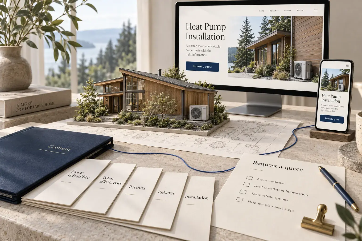 Illustrative heat-pump buying guide with permit, rebate, installation and quote information beside a contemporary home model.