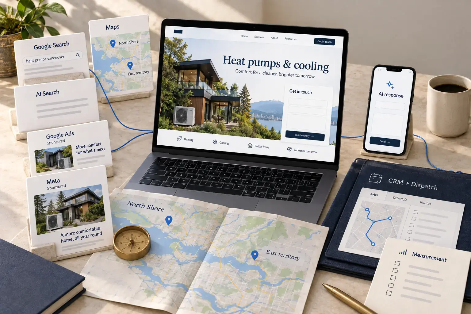Illustrative established HVAC company connecting its service website to Maps, paid search, AI visibility, lead follow-up and dispatch.