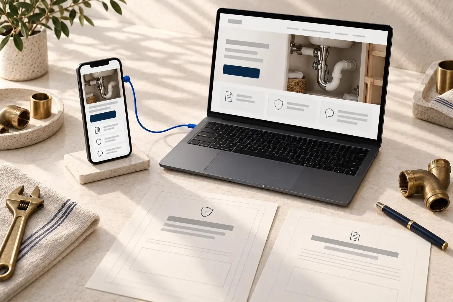 Illustrative plumbing website content and company records being maintained through an owner-controlled CMS.