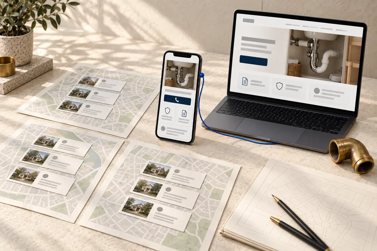 Illustrative separate neighbourhood research sheets beside a trust-first plumbing page. Not live Maps results.