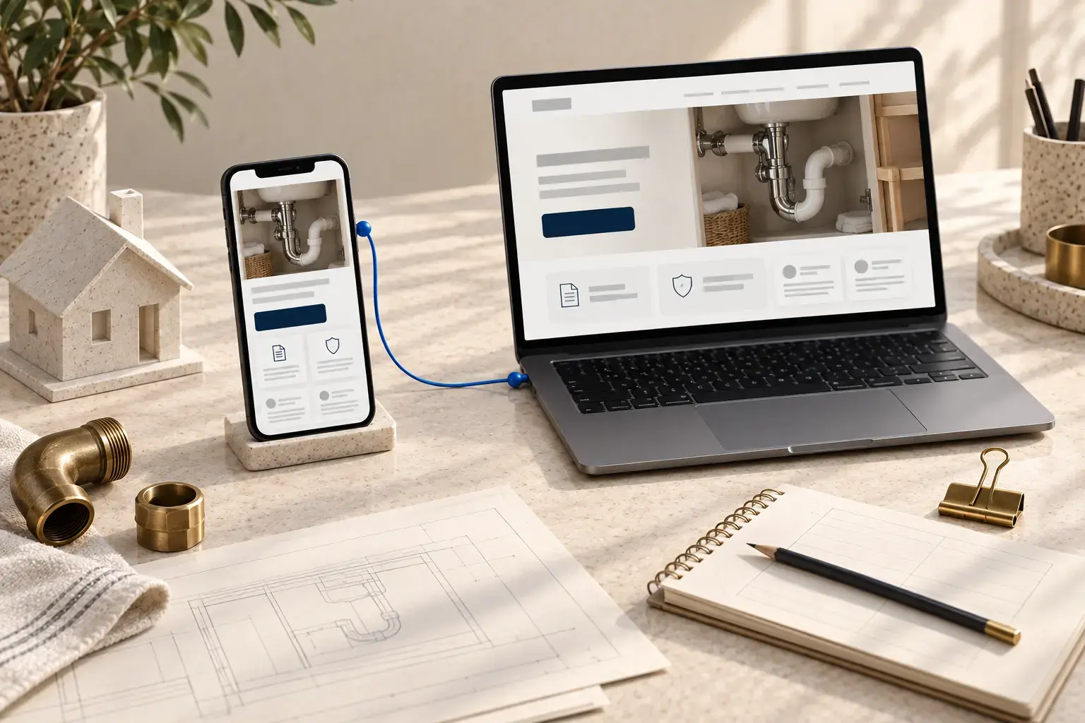 Illustrative independent plumbing business desk with project website and work records, not a MOST client.