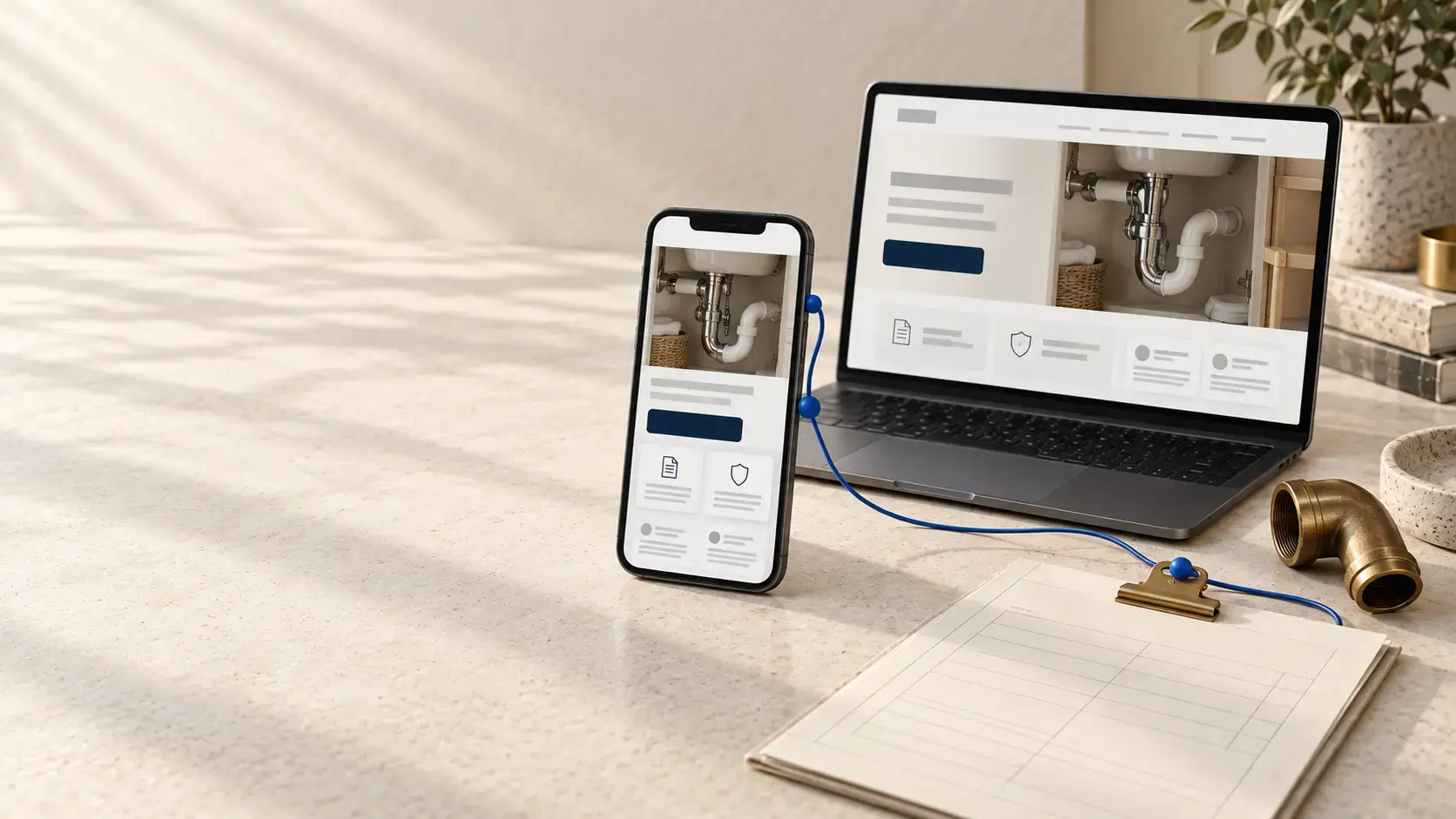Illustrative trust-first plumbing website on a phone and laptop with company-record panels and a clear call path.