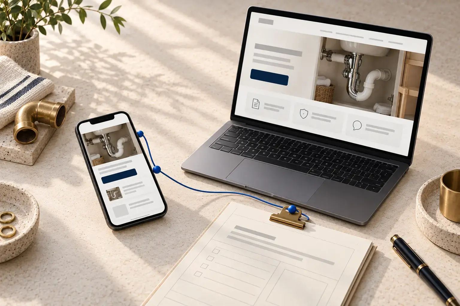 Illustrative plumbing sponsored search, relevant service page and enquiry record. No campaign metrics or promised results.
