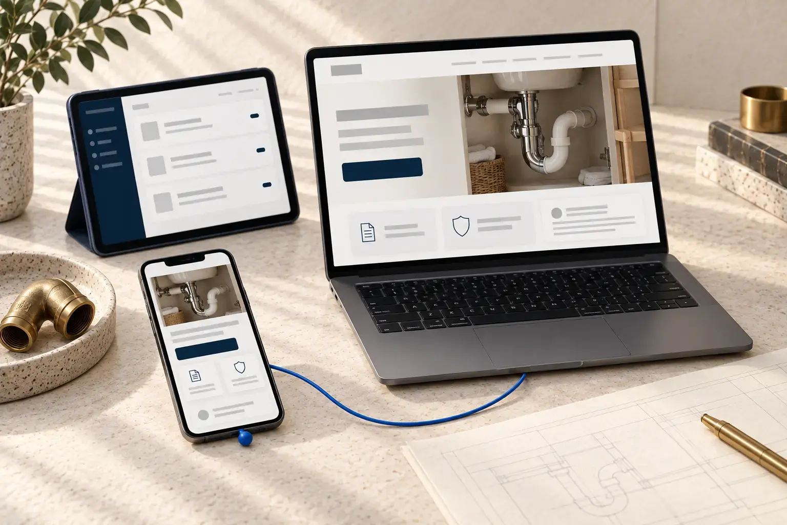 Illustrative plumbing service website, responsive phone and an editable content system with no real customer data.