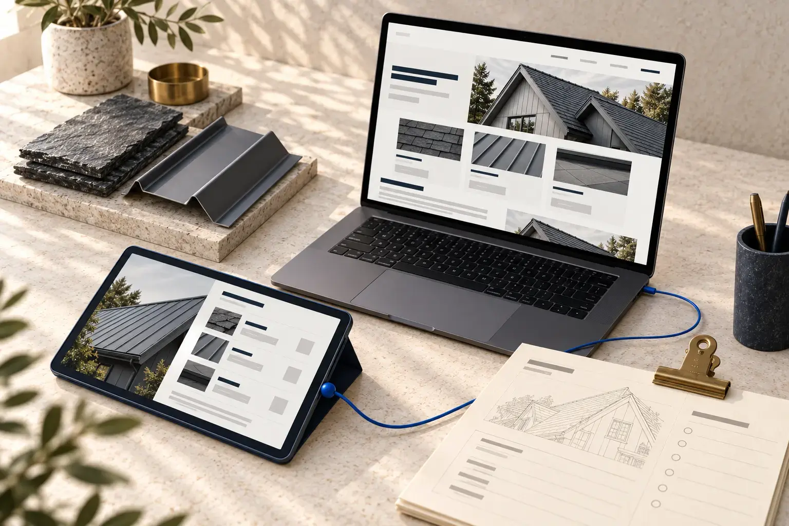 Illustrative roofing website content and company records being maintained through an owner-controlled CMS.