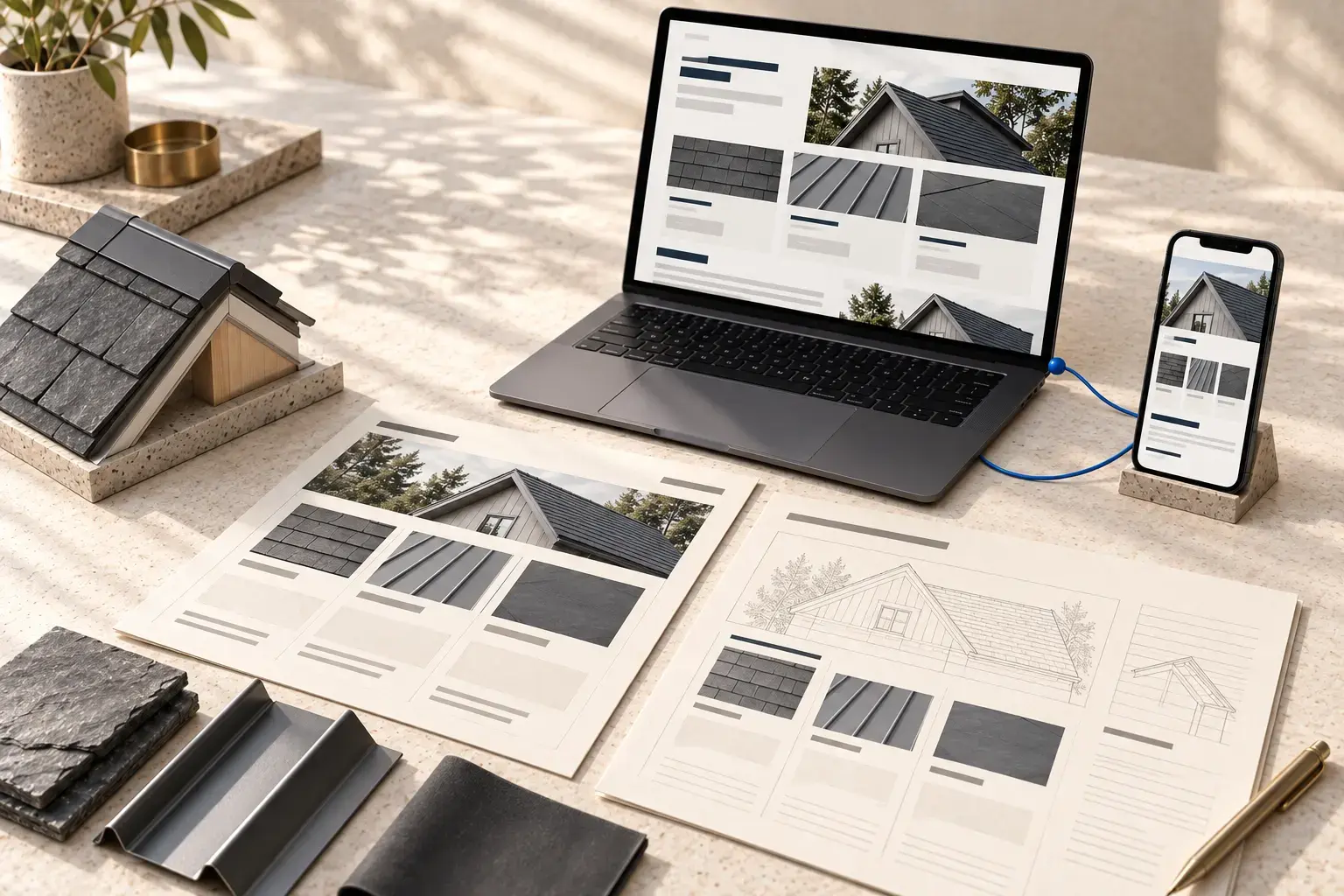 Illustrative replacement-guide comparison and roofing materials, with no invented prices in the artwork.