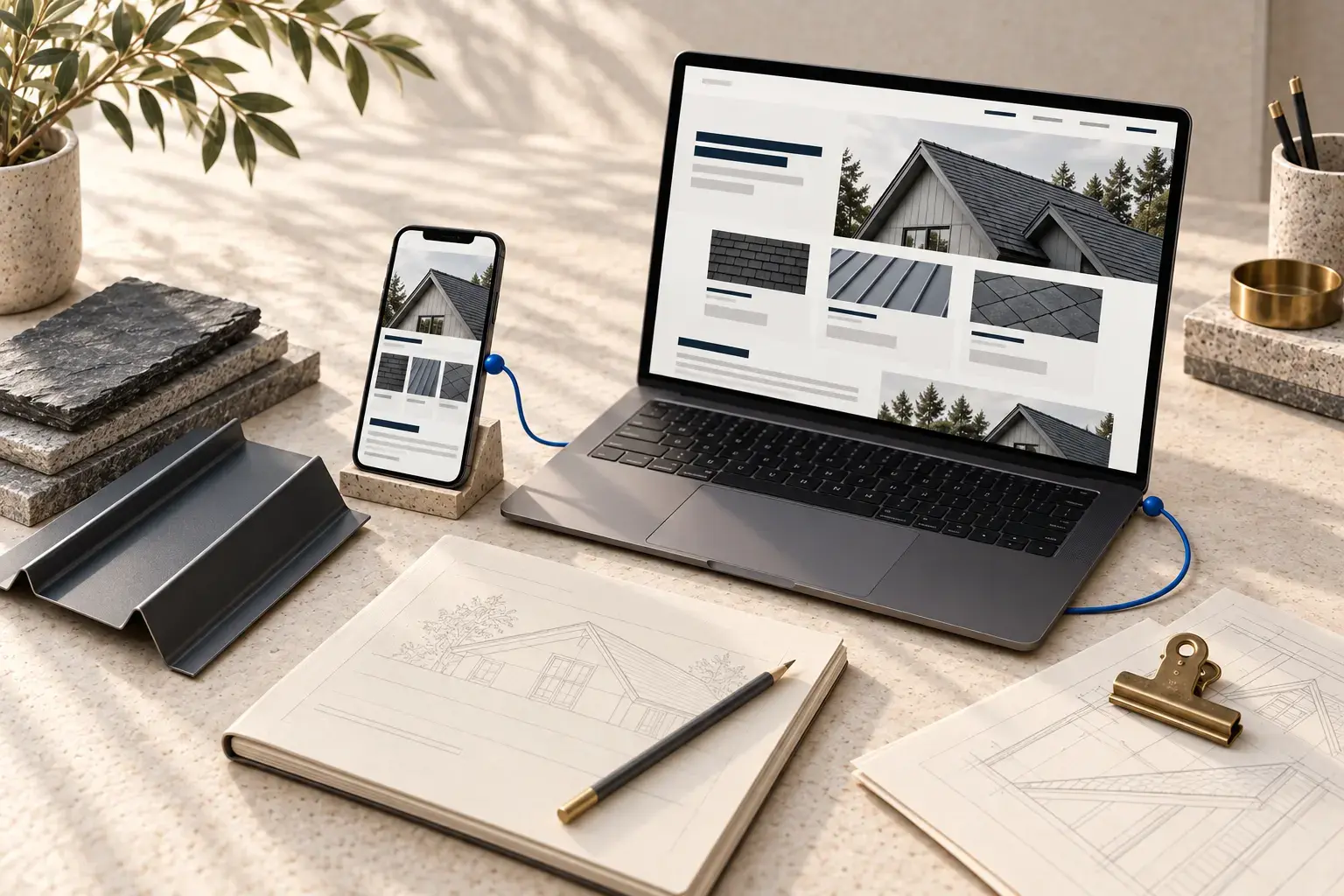 Illustrative independent roofing business desk with project website and work records, not a MOST client.