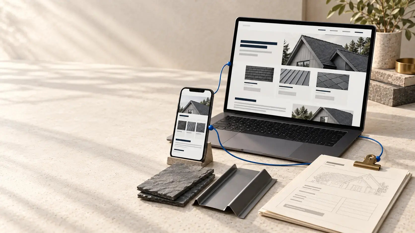 Illustrative roofing price-guide website on a laptop and phone beside material samples and a blank estimate folio.