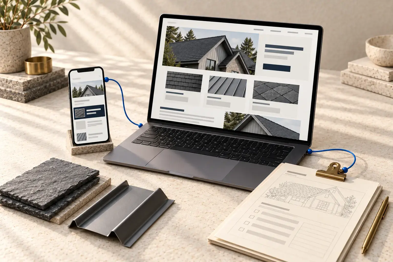 Illustrative roofing sponsored search, relevant service page and enquiry record. No campaign metrics or promised results.