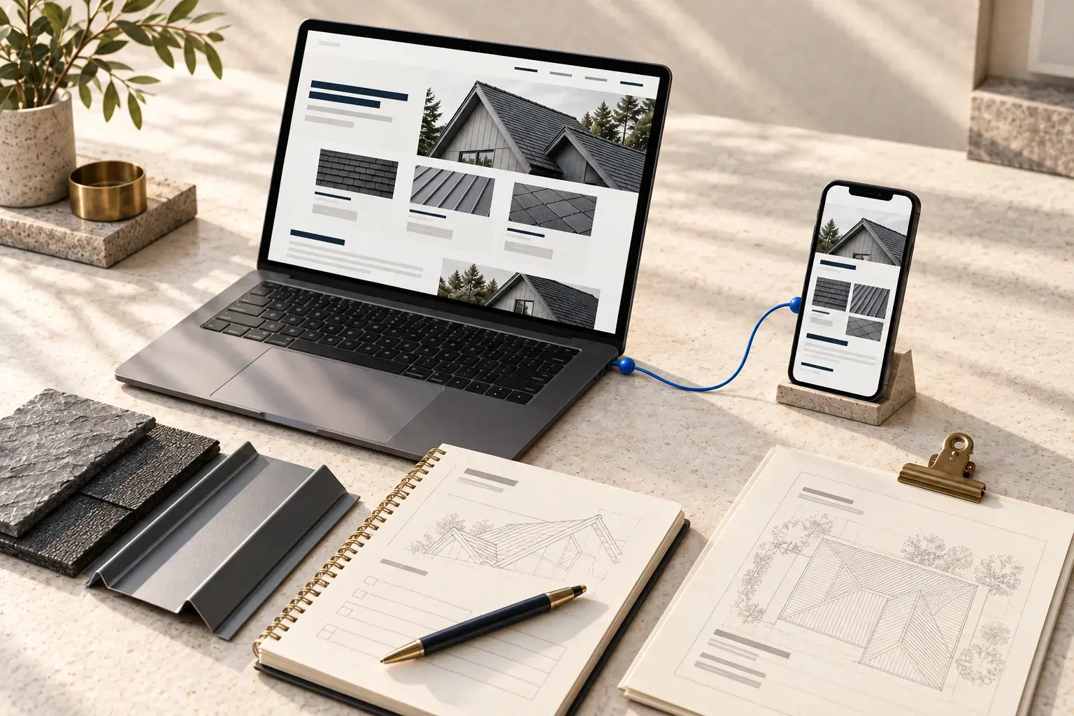 Illustrative roofing contractors website and content workflow: Grow the work your roofing crew can deliver.