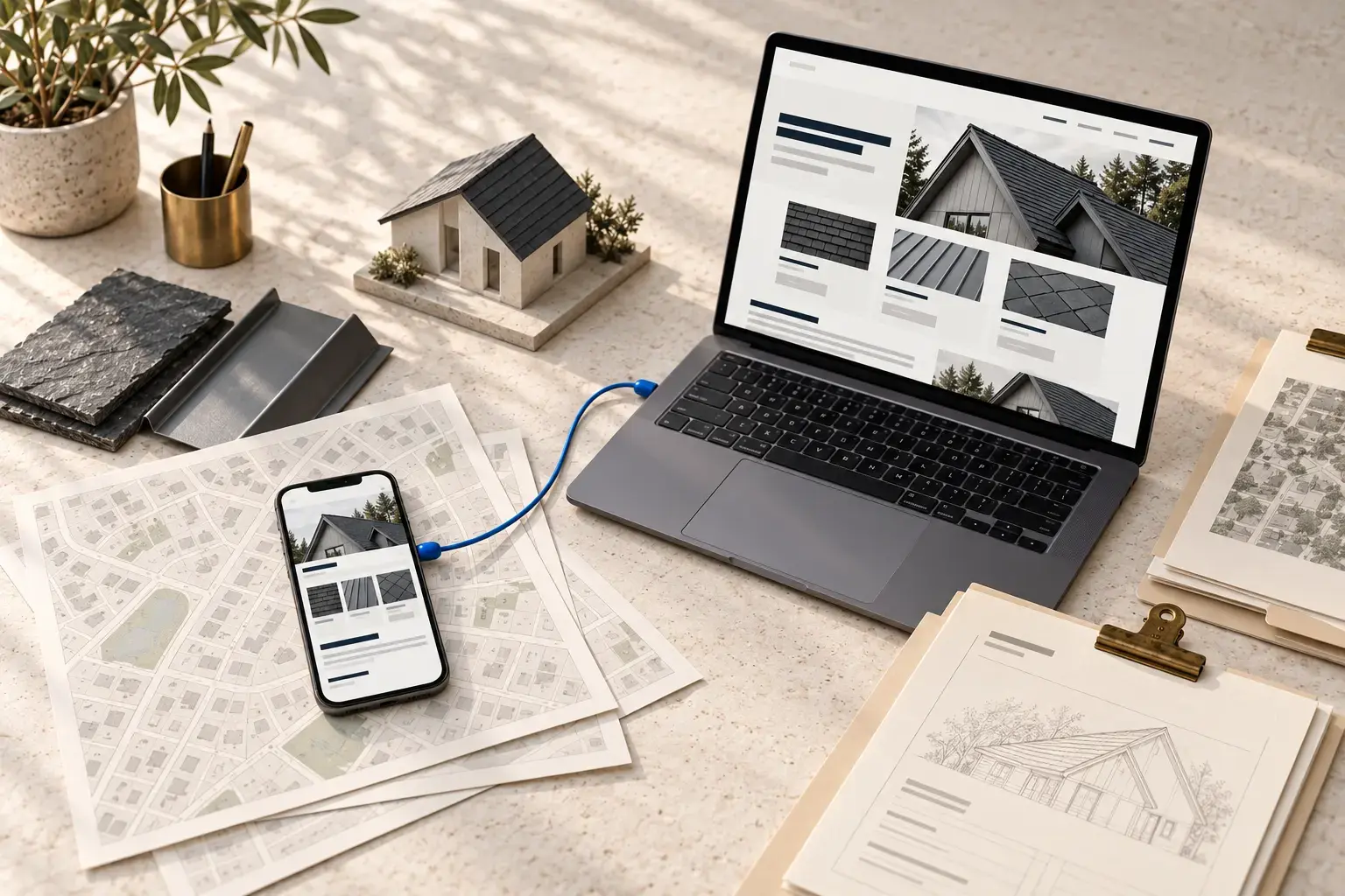 Illustrative roofing profile and separate municipal content sheets, not a promised coverage radius.