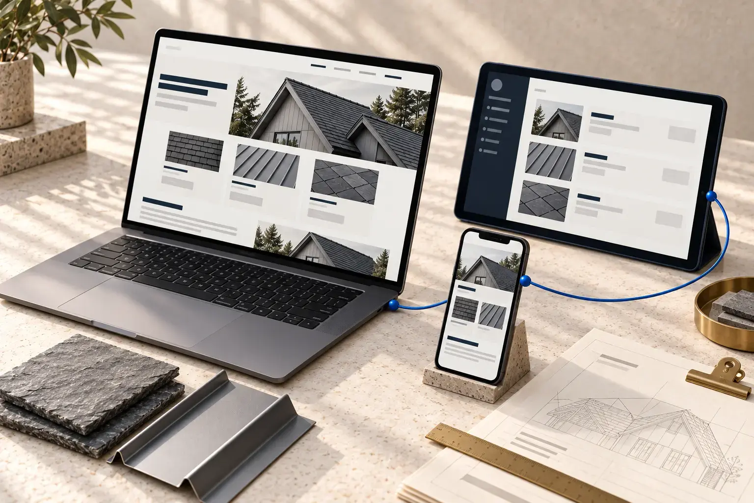 Illustrative roofing service website, responsive phone and an editable content system with no real customer data.