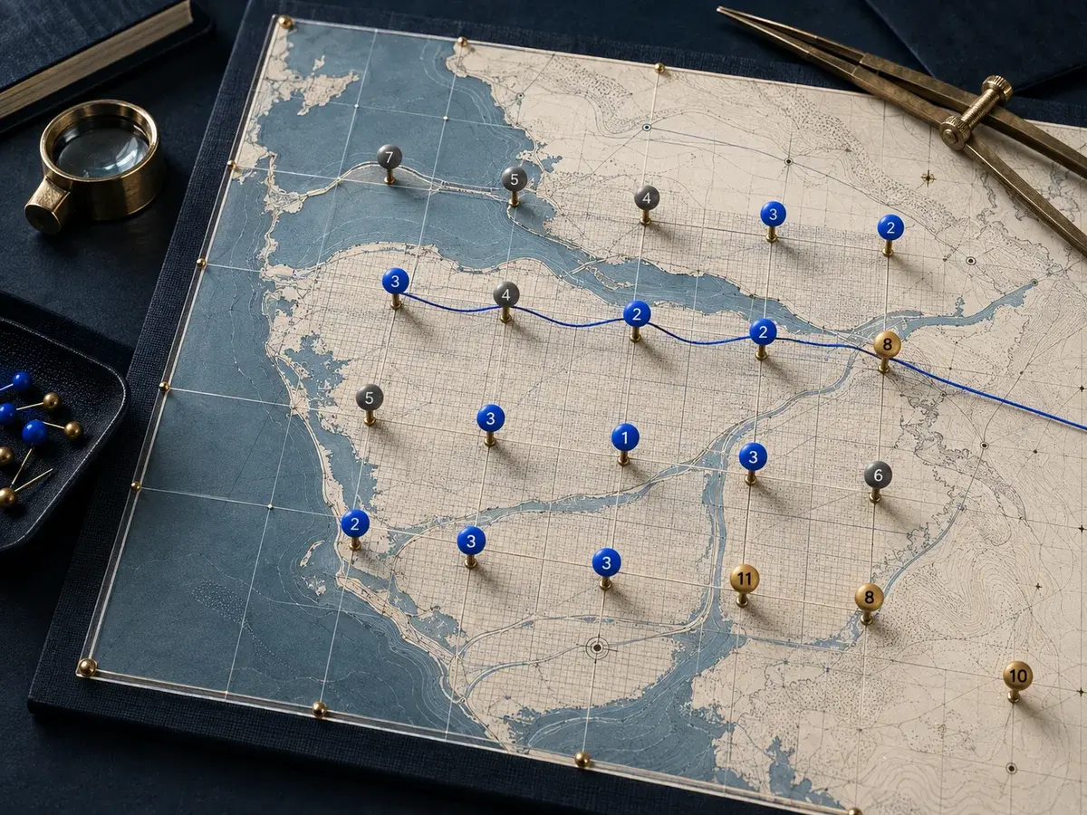 A physical local-search rank survey laid over a Vancouver map: numbered pins show the same business ranking in the top three in some neighbourhoods and eighth or lower in others