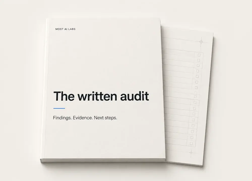 Illustrative stack of audit pages with findings, evidence and next steps.