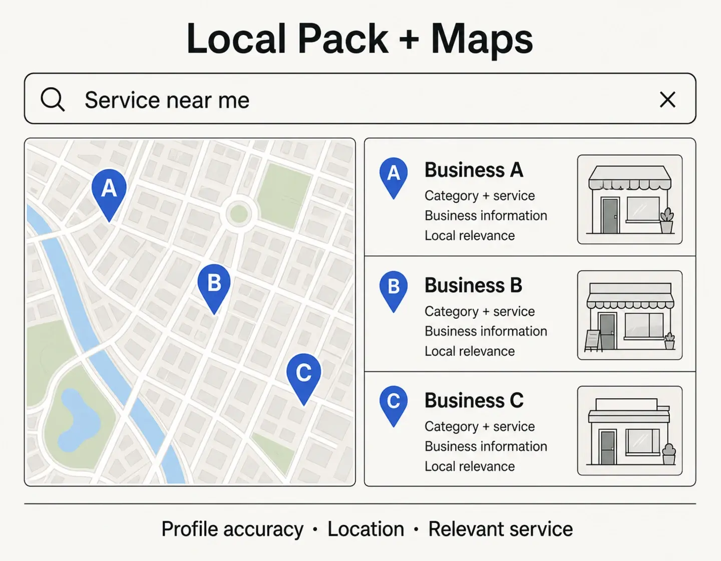 Illustrative Local Pack: a service-near-me search, three business listings and matching A, B and C pins on a street map.
