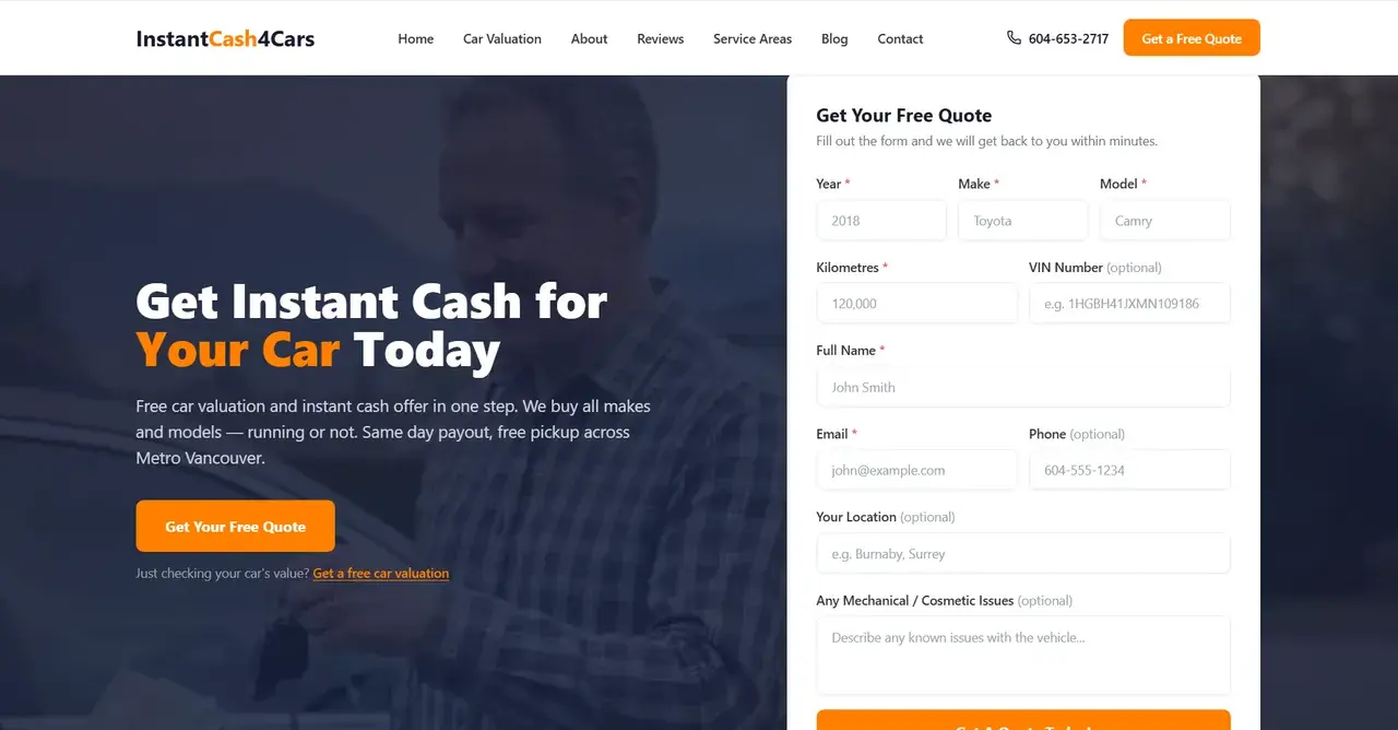 InstantCash4Cars website built by MOST AI Labs