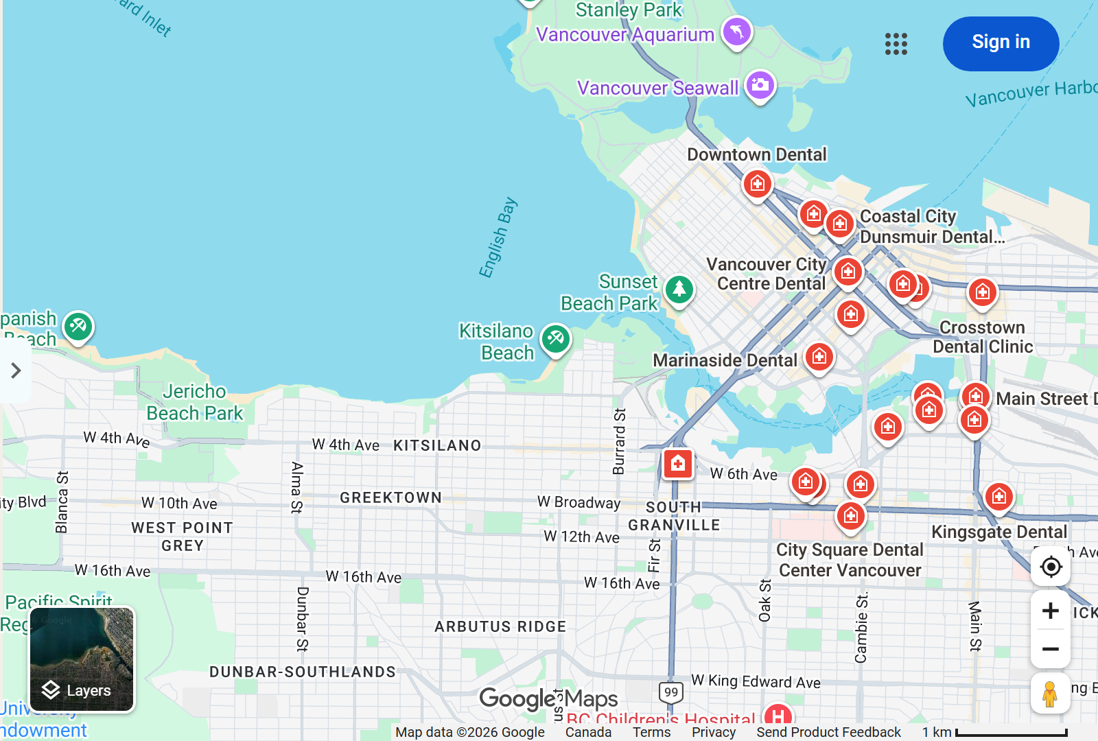 Real Google Maps search showing dental businesses across Vancouver, with original place labels and Google attribution.